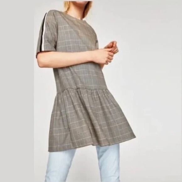 Zara Trafaluc Women's Plaid Houndstooth Drop Waist Short Sleeve Mini Dress - S - Picture 1 of 9